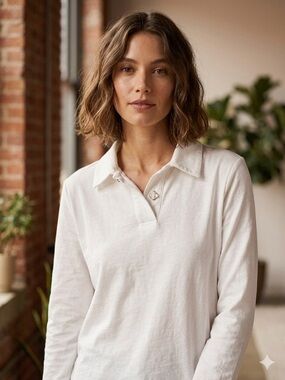 Women's White Long-Sleeve Polo Shirt buttons size small ivory